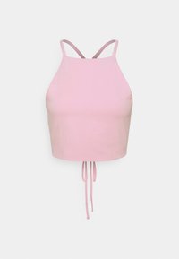 Top sin mangas rosa hecho de tela suave. Cuenta con tirantes ajustables, un diseño corto y un detalle de cordón en el dobladillo.