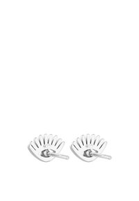 Orecchini a bottone in argento sterling a forma di mano con dita allungate, caratterizzati da una finitura lucida e da un marchio in rilievo "925".