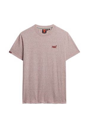 T-shirt à col rond à manches courtes en tissu de coton texturé, avec un motif rayé rouge et blanc et un petit logo brodé sur la poitrine.
