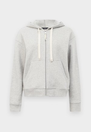 Sudadera con cremallera gris, fabricada en un material suave. Cuenta con capucha ajustable con cordón, bolsillos delanteros y puños y dobladillo acanalados.