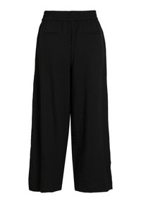 Pantalones de pierna ancha negros, confeccionados en tejido ligero, con una cinturilla elástica y dos bolsillos frontales. Superficie texturizada con un corte relajado.