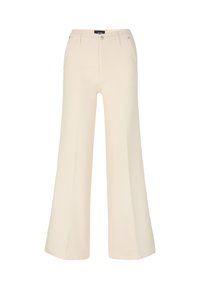 Pantaloni a gamba larga di un colore crema chiaro, realizzati in tessuto morbido. Presentano una chiusura frontale con bottone e doppie tasche laterali.