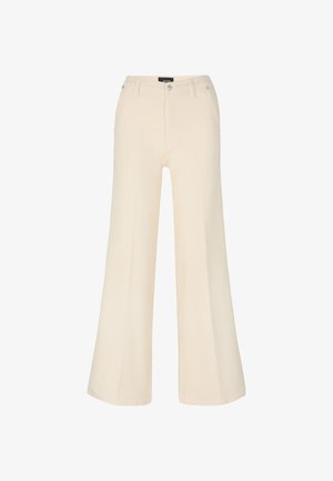 Pantalons larges de couleur crème clair, fabriqués dans un tissu doux. Équipés d'une fermeture par bouton à l'avant et de deux poches latérales.