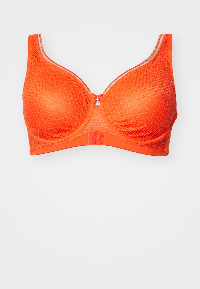 Orange, textured bra with a subtle pattern. Features underwire, adjustable straps, and a clasp closure at the back. Keyhole detail at center.