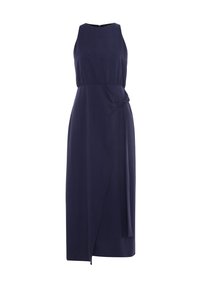 Navy blue sleeveless dress with a relaxed fit, featuring a tied waist detail and a straight midi length, made from soft, lightweight fabric.