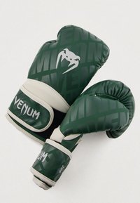 Πράσινα γάντια πυγμαχίας με γυαλιστερό φινίρισμα, με μαύρο και λευκό κείμενο, υλικό που μοιάζει με δέρμα και ιμάντα με Velcro. Βάρος 10 ουγγιές.