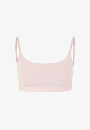 Lyserød bralette med justerbare stropper, glat tekstur og et enkelt, sømløst design. Ingen polstring eller bøjler.