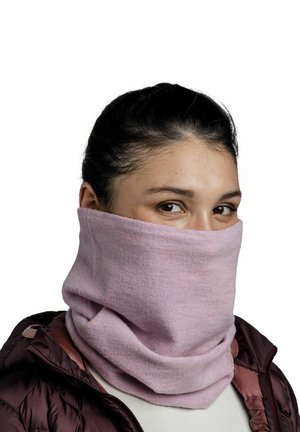 Pink fleece neck gaiter wrapped around the neck, with a soft texture, displayed against a plain white background.