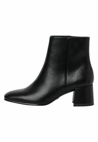 Black leather ankle boot with a pointed toe, smooth texture, and a chunky block heel. Features a zip closure on the back.