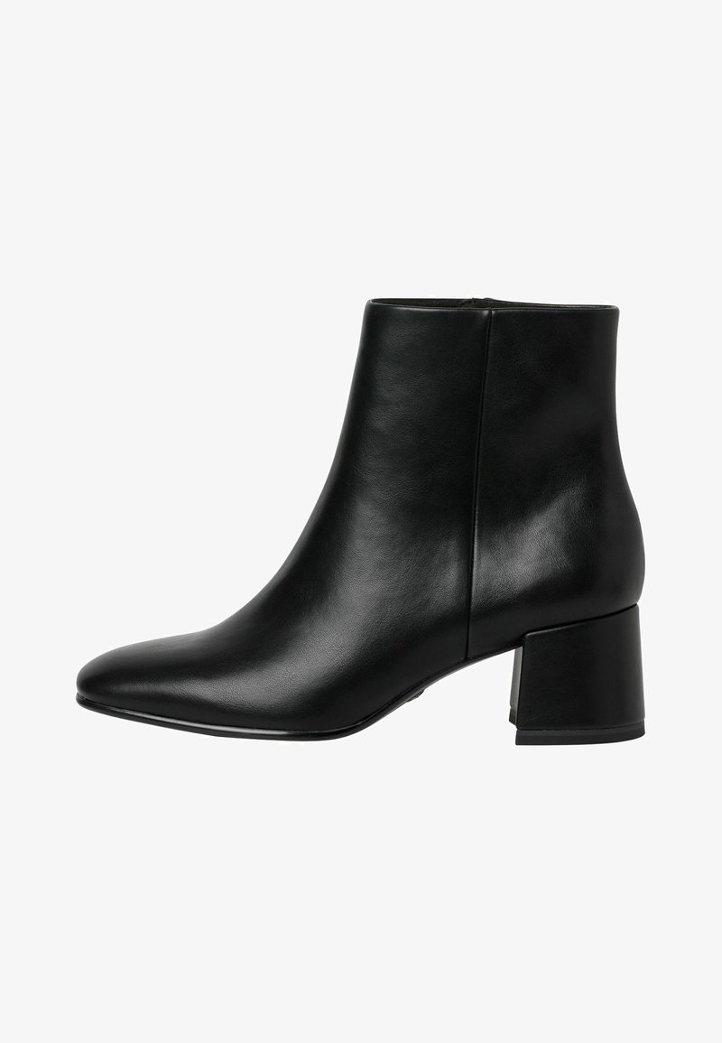Black leather ankle boot with a pointed toe, smooth texture, and a chunky block heel. Features a zip closure on the back.