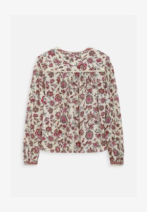 Blusa crema a maniche lunghe con stampa floreale rossa e rosa, dettaglio arricciato sul collo dietro e polsini con bottoni.