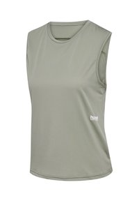 Ärmlös sporttopp i dämpad grön färg, tillverkad av lätt och fukttransporterande tyg. Har rund halsringning och en liten vit logotyp på sidan.