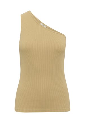 Asymmetrisches Top mit einem Schulterriemen aus leicht beigefarbenem Rippstoff. Dehnbare Textur mit taillierter Silhouette und sauberem Saum.