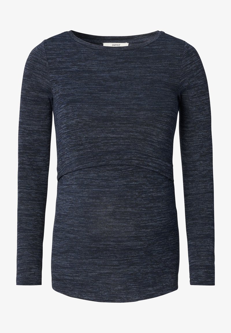 Pitkähihainen tummansininen heather-kudottu äitiyspaita, jossa on kerroksellinen paneeli keskivartalon ympärillä.