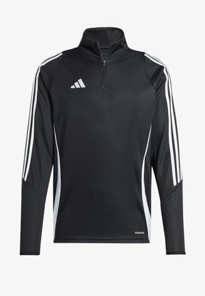Must tume sportlik pullover kõrge kraega, ees lukuga ja valgete külgtriipudega. Valmistatud siledast, venivast kangast, kus on Adidas logo.