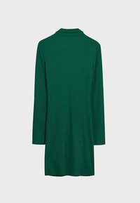 Robe verte à manches longues avec un col chemise, fabriquée en tissu lisse. Elle présente une coupe droite et s'arrête à mi-cuisse.