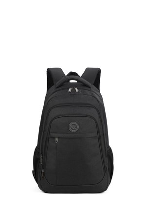 Zaino nero realizzato in tessuto resistente, dotato di più tasche con cerniera, spallacci imbottiti e una maniglia superiore per il trasporto.