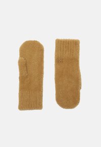 Moufles moelleuses de couleur brun doré avec un poignet côtelé et un petit logo. Texture douce et formes arrondies pour plus de chaleur.