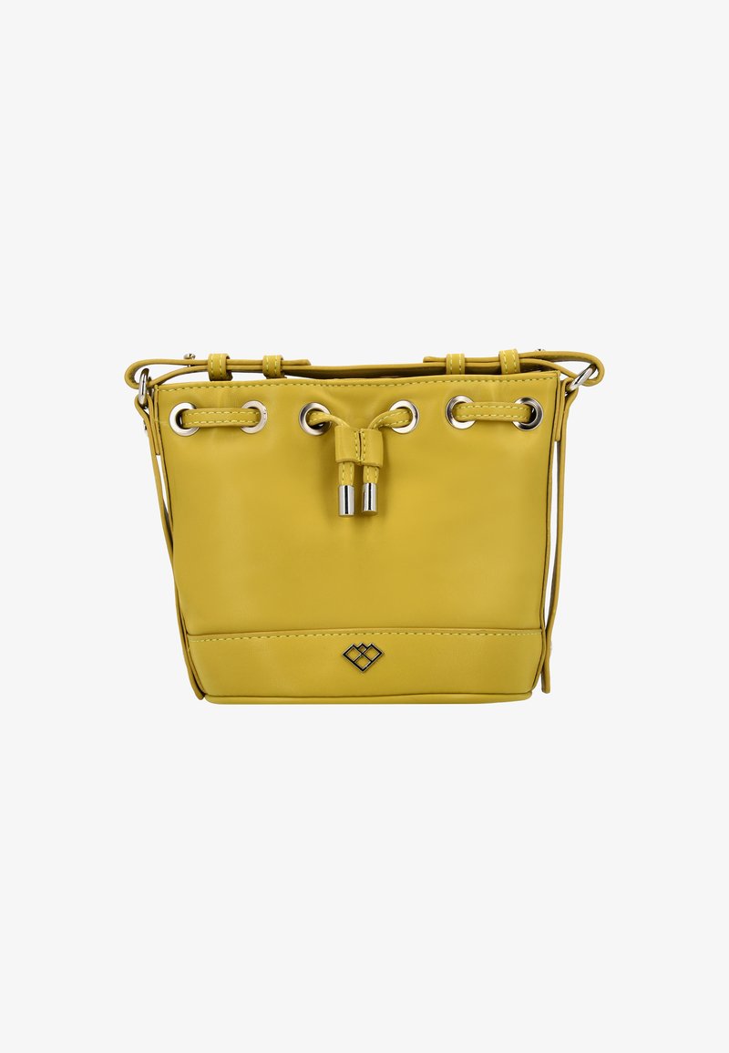 Gul läderhinkväska med silverfärgade detaljer, dragsko-stängning och en texturerad botten. Har en logotypdetalj vid basen.