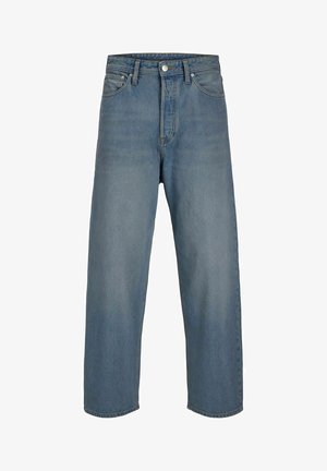 Lichtblauwe denim jeans met een comfortabele pasvorm, hoge taille en rechte pijpen. Bevat voorzakken en een knoopsluiting.