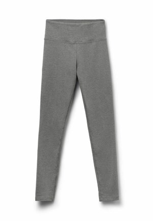 Leggings grises hechos de un material suave y elástico. Cuentan con una cinturilla ancha de elastano y un ajuste ceñido a lo largo de las piernas. Sin patrones adicionales.