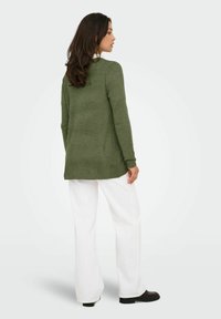 Grüner gestrickter Pullover mit langen Ärmeln, hochgeschlossen und mit seitlichen Schlitzen, kombiniert mit weißen weiten Hosen und schwarzen Schuhen.