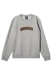 Gray sweatshirt in cotton blend featuring a rounded neck, long sleeves, and a curved "QUIKSILVER" logo in black and orange embroidery.