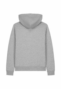 Felpa con cappuccio grigia chiara uniforme vista da dietro, con cappuccio, maniche lunghe con polsini a costine e orlo a costine.