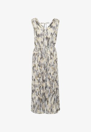 Robe maxi plissée sans manches avec col en V, taille ceinturée, nœud au col à l'arrière, motif abstrait en gris, beige et blanc.