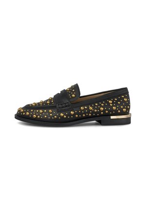 Black leather loafer with gold studs, rounded toe, flat sole, and a small gold accent at the heel. Textured surface from stud detailing.