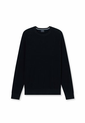 Schwarzer Strickpullover mit Rundhalsausschnitt, Raglanärmeln, gerippten Bündchen und Saum. Strukturierter Stoff mit glatter Oberfläche.