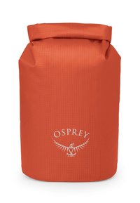 Sacca impermeabile Osprey in un vivace arancione, caratterizzata da una superficie testurizzata, chiusura roll-top e un logo bianco alla base.