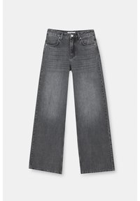 Jeans en denim à jambes larges de couleur gris foncé avec une texture lisse, cinq poches et une fermeture à bouton classique. Design minimaliste sans embellissements.