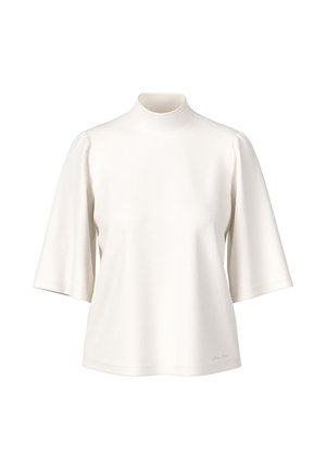 Weiße Kurzarmbluse mit hohem Rundhalsausschnitt und leicht aufgepufften Schultern, dargestellt auf weißem einfarbigem Hintergrund.