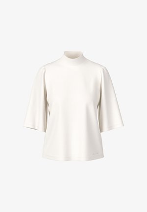 Weiße Kurzarmbluse mit hohem Rundhalsausschnitt und leicht aufgepufften Schultern, dargestellt auf weißem einfarbigem Hintergrund.