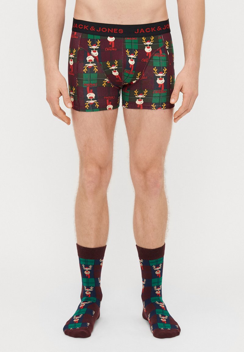 Mikulás mintás boxeralsó bordó és zöld kockás háttéren; puha anyag; párosítva hozzáillő zoknikkal.