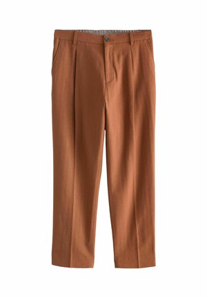 Braune, maßgeschneiderte Hose mit Gürtelösen, vorne mit Knopf und Reißverschluss sowie Seitentaschen, vor weißem Hintergrund präsentiert.