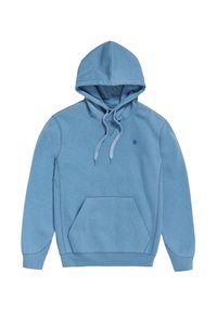 Sudadera azul clara hecha de tela suave, con un bolsillo canguro, cordones ajustables y un pequeño logo en el pecho.