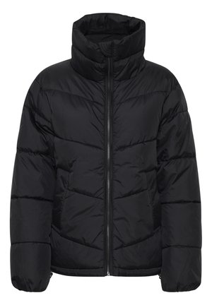 Doudoune noire avec col montant, design matelassé, fermeture éclair à l'avant et poignets élastiques. Fabriquée en tissu léger et lisse.