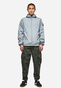 Giacca grigia chiara con zip davanti e cappuccio, realizzata in tessuto liscio e lucido. Indossata con pantaloni cargo verde scuro dotati di grandi tasche laterali.