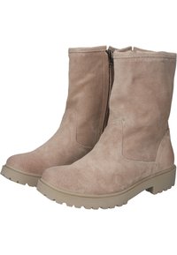 Botas de tobillo de ante marrón con un acabado texturizado, puntera redonda, cierre de cremallera y suela de goma con profundos relieves para mejor agarre.