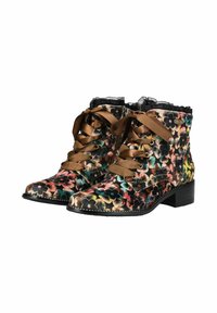 Blumenbedruckte Knöchelstiefel mit braunen Schnürsenkeln, strukturiertem Stoff, schwarzem Besatz und einem niedrigen Blockabsatz. Merkmale bunte Blütenmuster.