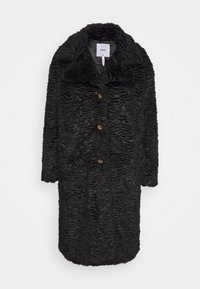 Manteau noir en texture avec une finition imitant la fourrure ondulée, doté d'un large col, de manches longues et de boutons en ton doré sur le devant.