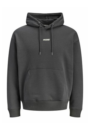 Tummanharmaa huppari, jossa edessä kengurun tasku, kiristysnauhallinen huppu, resorit hihansuissa ja helmassa sekä pieni valkoinen "JJCORE"-logo rinnassa.