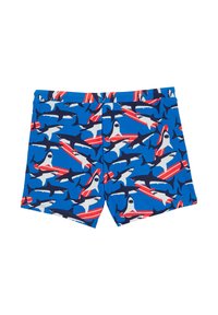 Modri kopalni šorti z vzorcem morskih psov in surf desek v rdeči, beli in temno modri barvi. Narejeni so iz elastičnega materiala in imajo elastični pas.