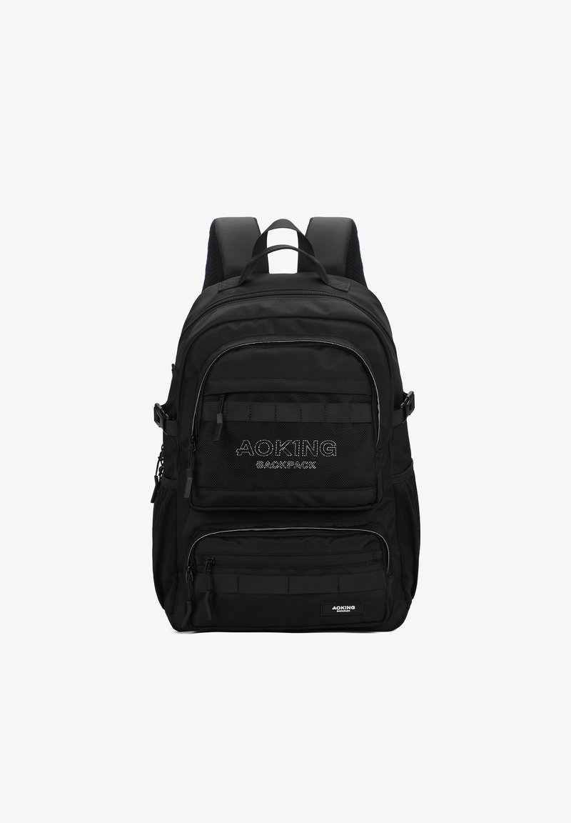 Zwarte rugzak met meerdere ritscompartimenten, gevoerde schouderbanden en 'AOKING BACKPACK'-lettering in een contrasterend ontwerp.