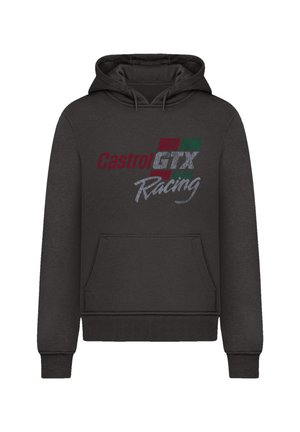 Dunkelgrauer Kapuzenpullover mit einer vorderen Tasche, gerippten Bündchen und bedrucktem "Castrol GTX Racing"-Logo mit rot-grünen Akzenten.