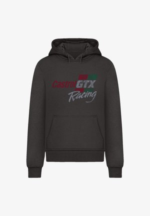 Dunkelgrauer Kapuzenpullover mit einer vorderen Tasche, gerippten Bündchen und bedrucktem "Castrol GTX Racing"-Logo mit rot-grünen Akzenten.