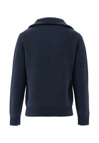 Marineblaue, gerippte Strickjacke mit Schalkragen, langen Ärmeln und einer entspannten Passform. Die Textur ist weich mit einem soliden, gemütlichen Aussehen.