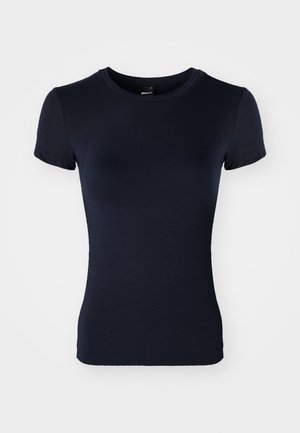 Navy blue short-sleeve t-shirt made of smooth, stretchy fabric. Features a crew neckline and a fitted silhouette. No patterns or accents.